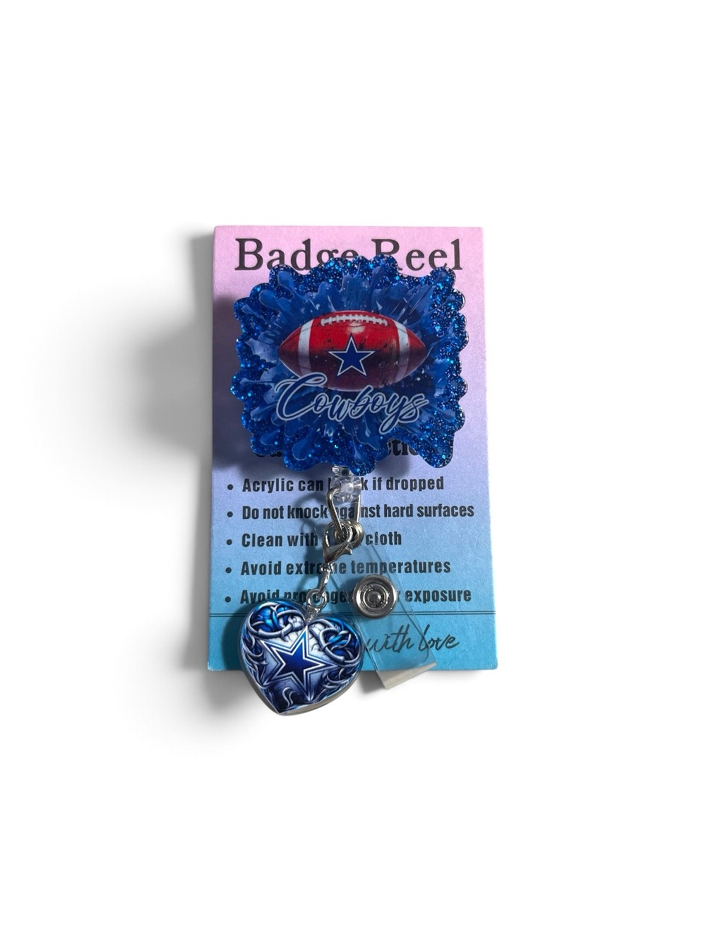 Cowboys Blue Glitter Heart Badge Reel with charm